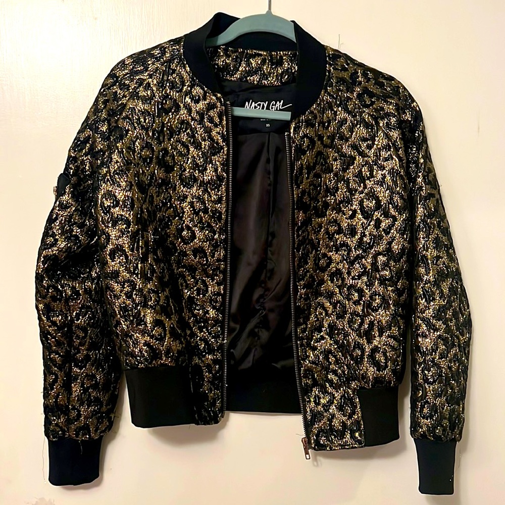 Gold lurex and Black leopard print bomber jacket